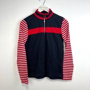 Tommy Hilfiger Pullover Shirt Half Zip Blue & Red Long Sleeve Striped Mock Neck